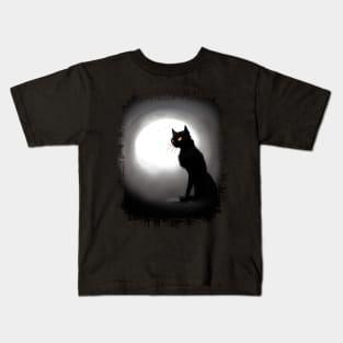 Mysterious black cat full moon indark atmosphere in a scary cemetery Kids T-Shirt